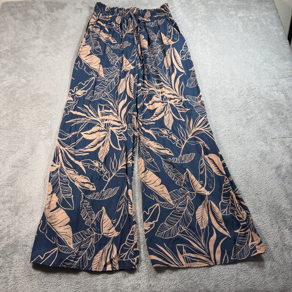 Laine Honolulu Wide Leg Pant Womens Small Blue Floral Tropical Rayon Made In USA